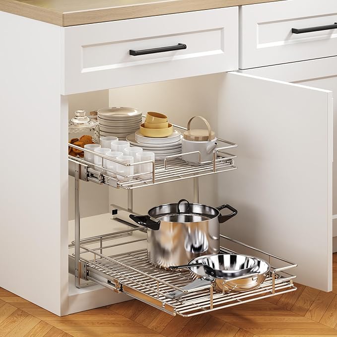 2 Tier Individual Pull Out Cabinet Organizer 19쩍" W x 21쩍" D, Heavy Duty Cabinet Pull Out Shelves, Slide Out Drawers Organization for Kitchen Cabinets Bathroom