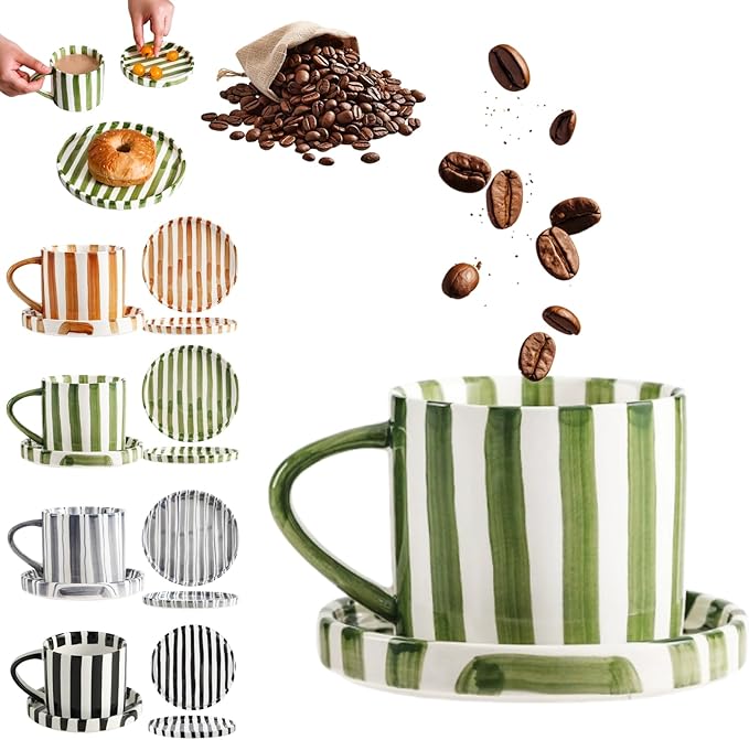 Retro Striped Hand-Painted Ceramic Mark Hand-Held Cup, Retro Striped Ceramic Coffee Mug, 9 oz Hand-Painted Stripeds Ceramics Coffee Mug with Cups, Saucers and Plates (Green)