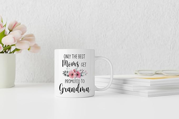 QASHWEY Only The Best Moms Get Promoted to Grandma Coffee Mugs, Funny Pregnancy Announcement Gifts for Mom New Grandma, Double Side Printed Ceramic Mug Cup 11 Ounce