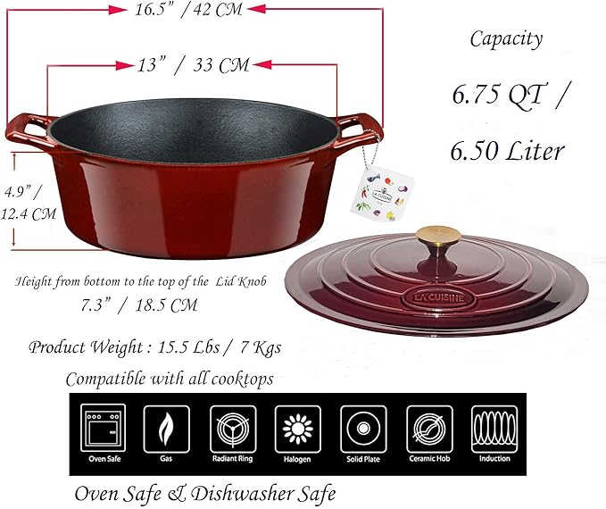 La Cuisine Enameled Cast Iron Oval Dutch Oven Casserole Dish Pot with Lid 6.75 QT Internal Matte Black Enamel Coating for bread baking, Gold-Plated Stainless Steel Lid Handle, Oven Safe up to 500째 F. Cranberry