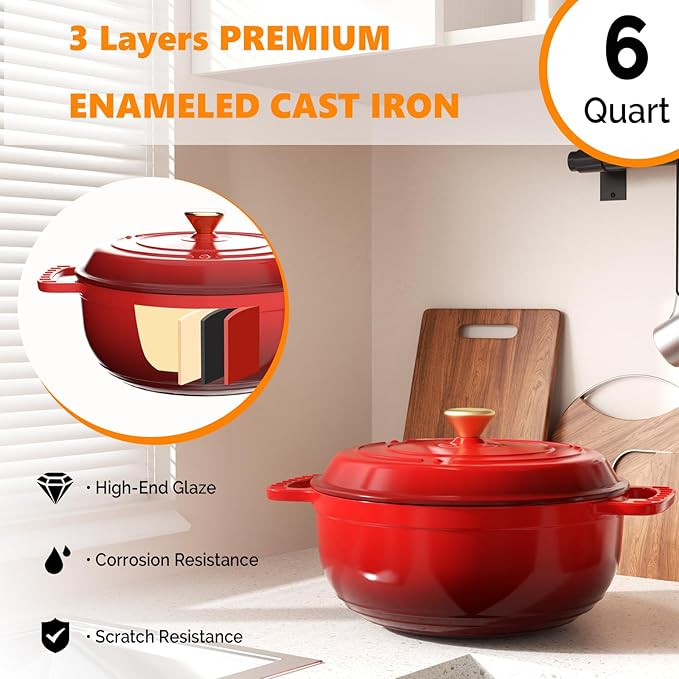 ROVSUN Enameled Cast Iron Round Dutch Oven, 6QT Pot with Lid &Dual Handles with Silicone Gloves,Oven Safe up to 500째F, Heavy-Duty Pre-Seasoned Cookware for Bread Baking, Braising, Stews, Roasting, Red