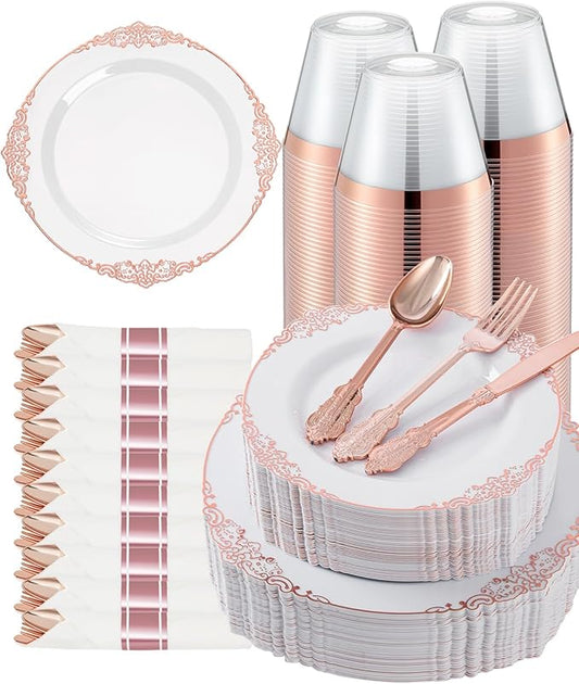 Goodluck 350 Piece Rose Gold Plastic Dinnerware Set for 50 Guests,Fancy Disposable Plates,Include: 100 Rose Gold Rim Plastic Plates,150 Silverwares,50 Pre Rolled Napkins,50 Cups for Party,Wedding