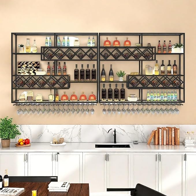 118 Inch Wine Rack Wall Mounted, 4 Tier Large Wall Mounted Liquor Shelf & Bar Shelf, Metal Wall Wine Rack with Glass Holder, Bar Shelves for Liquor Bottles Display Storage, Black (No Lights)