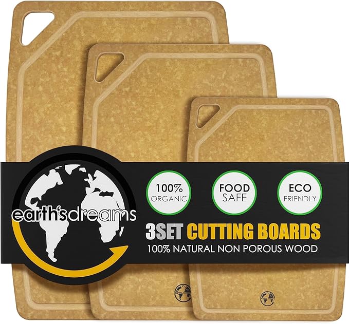 Earth?셲 Dreams Wood Cutting Board Set 3-Piece: Small, Large & Extra Large - Charcuterie Board, Non-Plastic, Non-Toxic, Heavy-Duty, Dishwasher Safe (Tan/Juice)