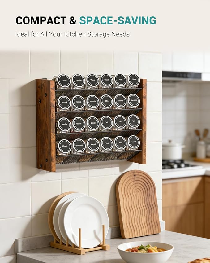 NESAPTO Spice Rack Organizer for Cabinet, Wooden 4 Tier Vertical Seasoning Organizers for Kitchen Pantry, Countertop/Wall Mount, Holds 24 Spice Jars (No Jars Included),12.2" W 횞 9.4" H