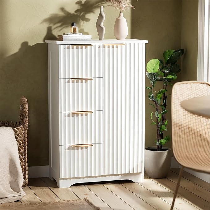 VINGLI Fluted Sideboard Buffet Cabinet, Modern White Wood Storage Console with Doors and Drawers, Multi-Function Storage Cabinet for Living Room, Dining Room, Kitchen, White
