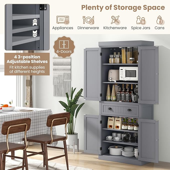 DORTALA 72??Tall Kitchen Pantry Cabinet, Wood Storage Cupboard w/ 4 Adjustable Shelves, 2 Cabinets & Drawer, Utility Freestanding Storage Cabinet for Kitchen, Hallway, Living Room, Grey