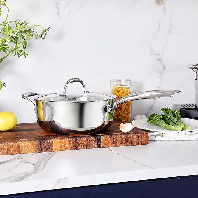 KEAWELL K3 Premium 4-Quart Tri-Ply Stainless Steel Saut챕 Pan with Lid, Induction & Oven Safe up to 600째F, Even Heating, Professional Cookware for All Stovetops (4-Qt)