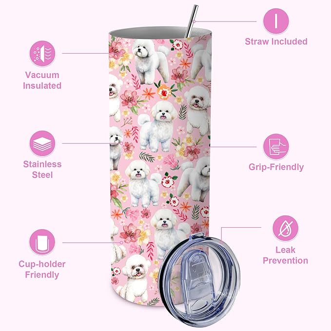 Yogusut Bichon Frise Gifts for Women, 20oz Stainless Steel Insulated Tumbler Travel Mug Cup with Lid Straw Brush, Gifts for Dog Mom Dog Lover