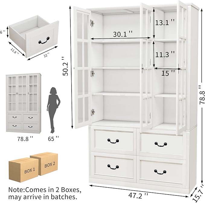 78.8" Tall Bookcase Display Storage Cabinet Hutch with Glass Doors & Drawers - Curio Display Bookshelf Kitchen Pantry for Home, Kitchen, Living Room.