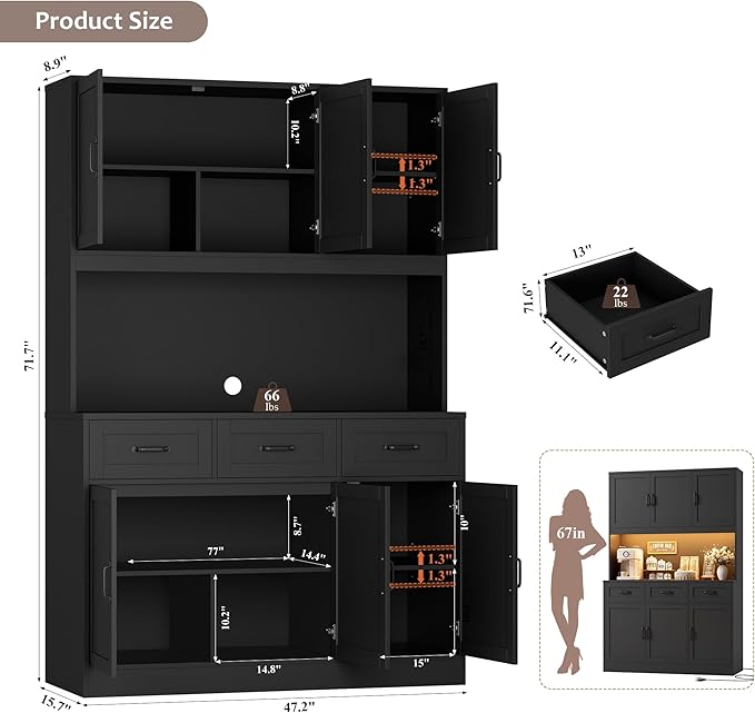 HOSTACK 72" Tall Kitchen Pantry Cabinet with Charing Station | LED Lights, 47" W Kitchen Pantry Storage Cabinet with Countertop, Modern Kitchens Hutch Cabinets with Storage for Dining Room, Black