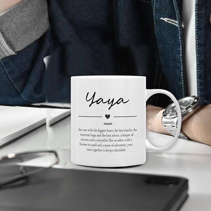 QASHWEY Yaya Gifts Coffee Mug, Gifts for Yayas Grandma from Grandkids Grandchildren, Grandma Coffee Mug, Mothers Day Mugs Tea Cup Gift for GrandmaYaya, Yaya Definition CoffeeCup Ceramic 11oz