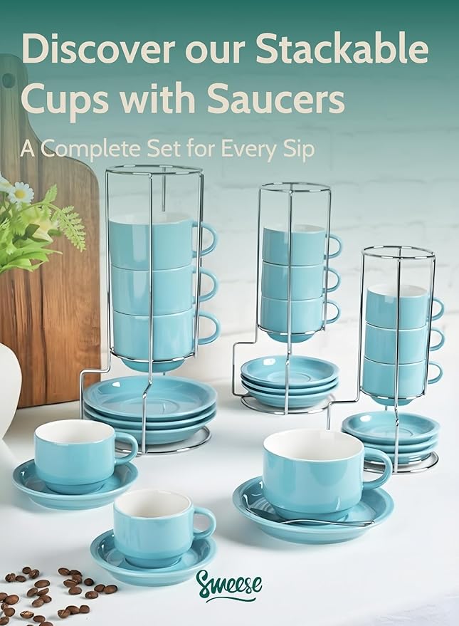 Sweese 2.5 Ounce Porcelain Stackable Espresso Cups with Saucers and Metal Stand Set of 4, Turquoise