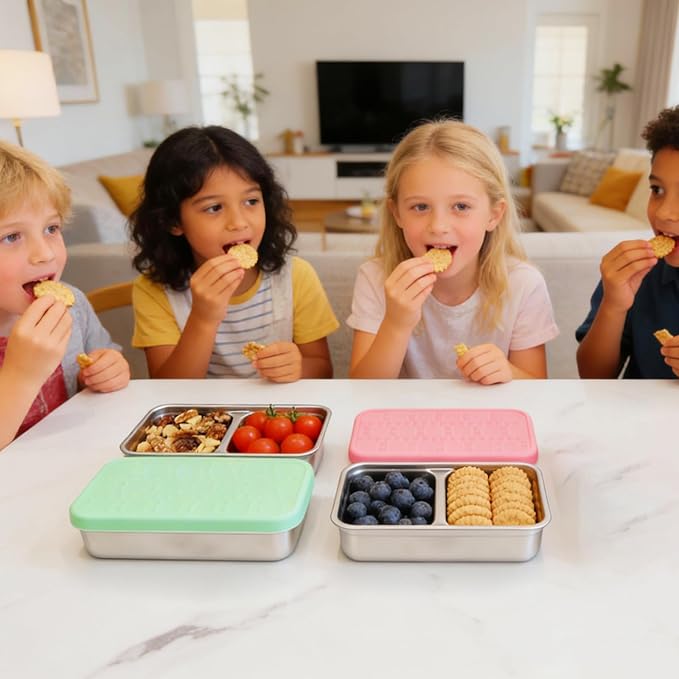 Korythar 3 Pack 15oz Stainless Steel Snack Containers for Kids, Reusable Metal Snack Containers with Silicone lids, Leak Proof 2 Compartment Stackable Metal Toddler Lunch Box for Daycare, School