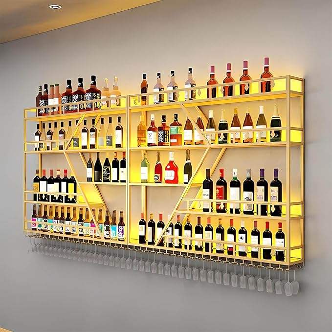 Wall Mounted Wine Rack, Large Metal Wine Bottle Holder, Modern Fashion Diamond Shaped Floating Bar Unit Wine Storage Shelves, for Home Restaurant Bars Decor (Gold, 4 Tier - 63in)