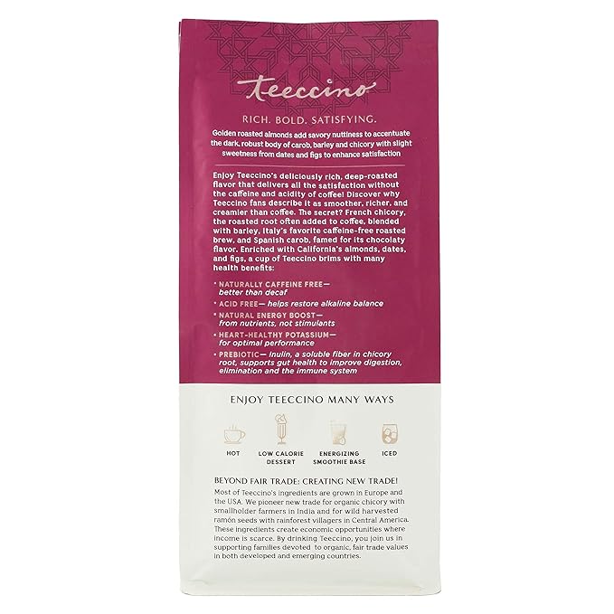 Teeccino Raspberry Mocha Chicory Coffee Alternative - Ground Herbal Coffee That?™s Prebiotic, Caffeine Free & Acid Free, Dark Roast, 11 Ounce