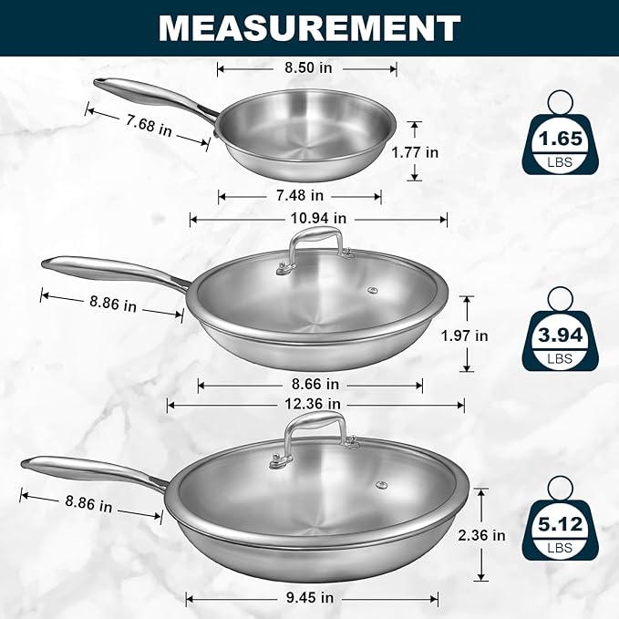 Tri-Ply Stainless Steel Frying Pans Set with Lid, EWFEN 8??10??12??Cooking pans, PFOA&PTFE Free Skillet, Induction Cooking Pan, Dishwasher and Oven Safe, Fast & Even Heat, Suitable for All Stove