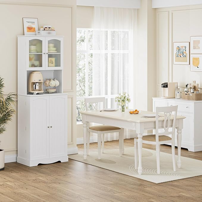 HOSTACK 71'' Pantry Cabinet, Tall Storage Cabinet with Microwave Stand, Freestanding Kitchen Hutch with Doors and Adjustable Shelves, Mordern Food Pantry for Kitchen, Dining Room, White
