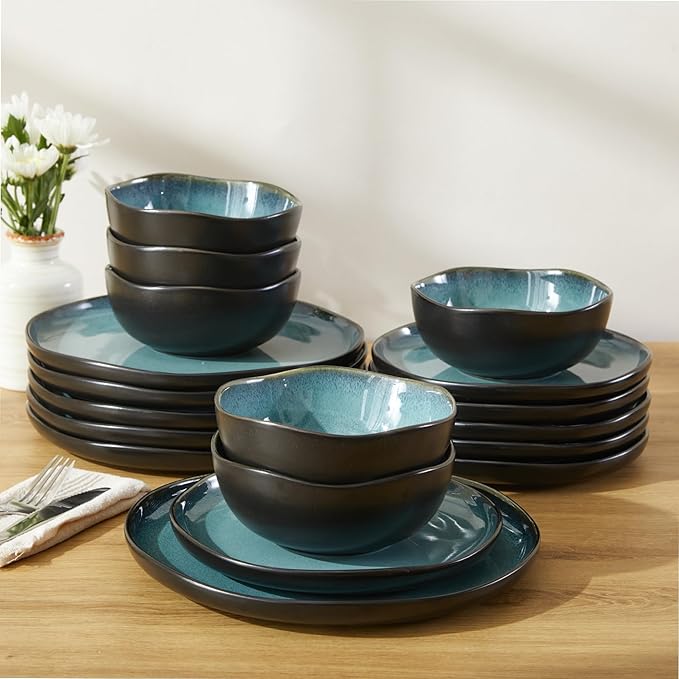 18 Piece Dinnerware Sets for 6, Green Black Reactive Glaze Stoneware | Irregular Artisan Style for Family Dinners, Weekend Gatherings | Scratch?멢esistant, Microwave & Dishwasher Safe