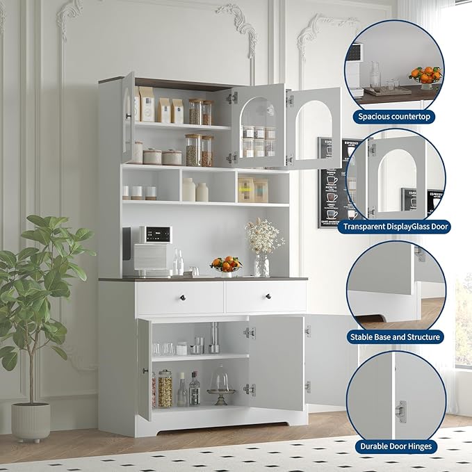Garvee Kitchen Pantry Cabinet with Open Storage Shelves, 71" Tall Food Pantry Cabinet, Farmhouse Freestanding Kitchen Hutch with Countertop Glass Door Display & Charging Station for Dining Room