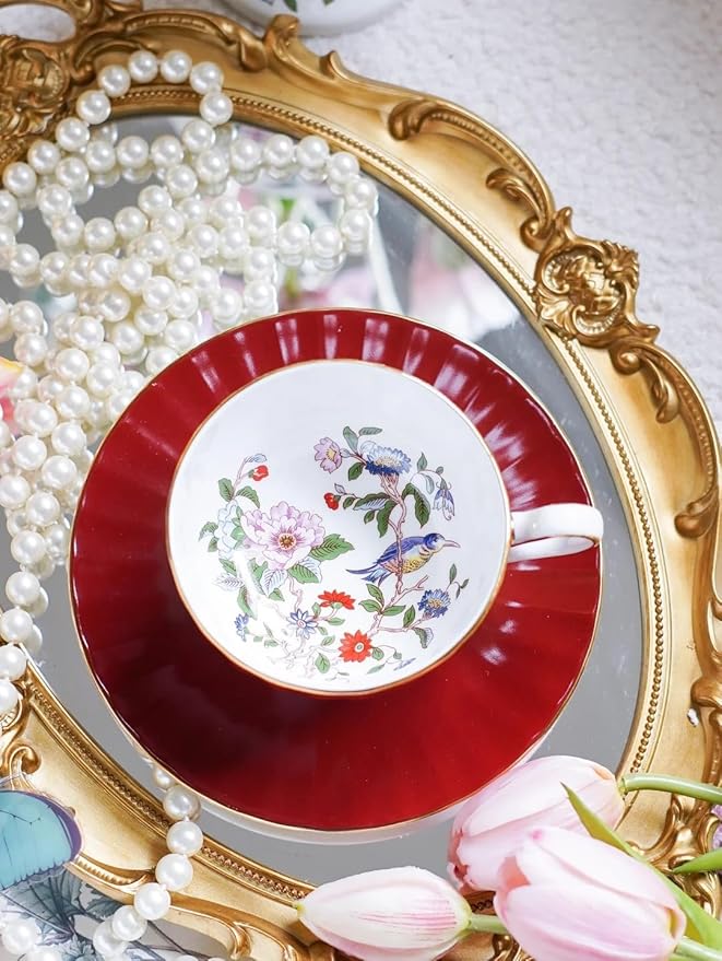 Aynsley Pembroke Glaze Oban 2-Piece Fine Bone China Teacup & Saucer - 6oz (180ml), Handpainted Floral with Gold Trim - Vintage Gift Set-Red
