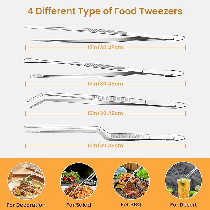 GEEKHOM 4-Pcs 12-Inch Commercial Kitchen Tongs: Professional Stainless Steel with Serrated Tips & Secure Grip (Silver)