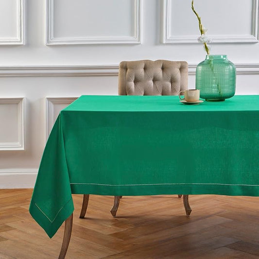 Solino Home Linen Tablecloth 60 x 108 Inch - Classic Hemstitch 100% Pure Linen Emerald Green Table Cloth for Rectangle Tables - Machine Washable Tablecloth for St Patricks Day