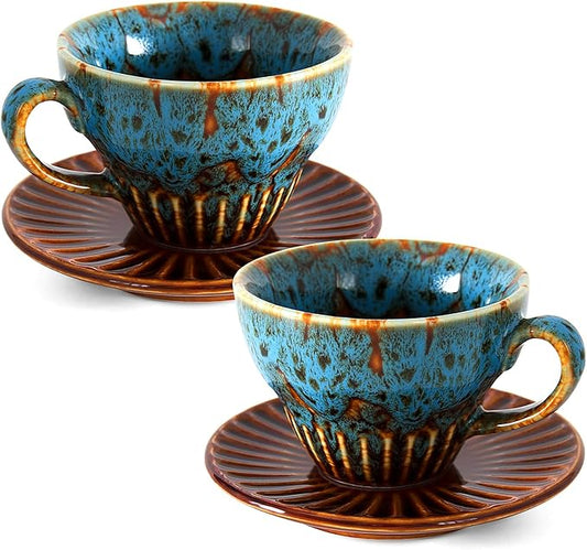 4 oz Espresso Cups Set of 2, Ceramic Cappuccino Cups with Saucers, Durable Porcelain Tea Set & Modern Coffee Cup Collection, Coffee Lover Gifts, Glazed Blue