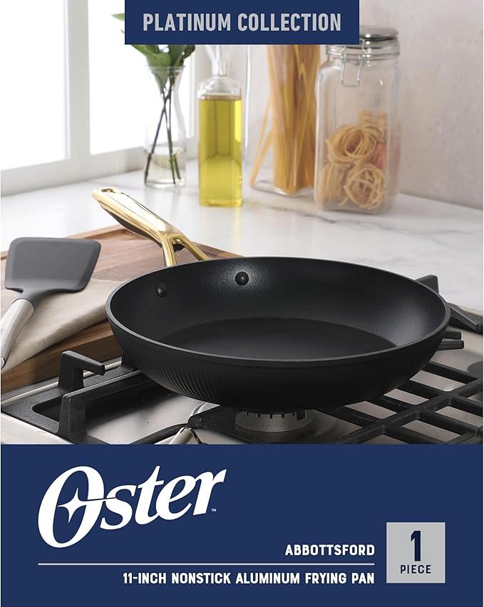 Oster Platinum Abbotsford 11-Inch Nonstick Skillet Fry Pan ??Matte Black Stripe Cookware with Gold Handle, Dishwasher Safe, Modern Kitchen Essentials