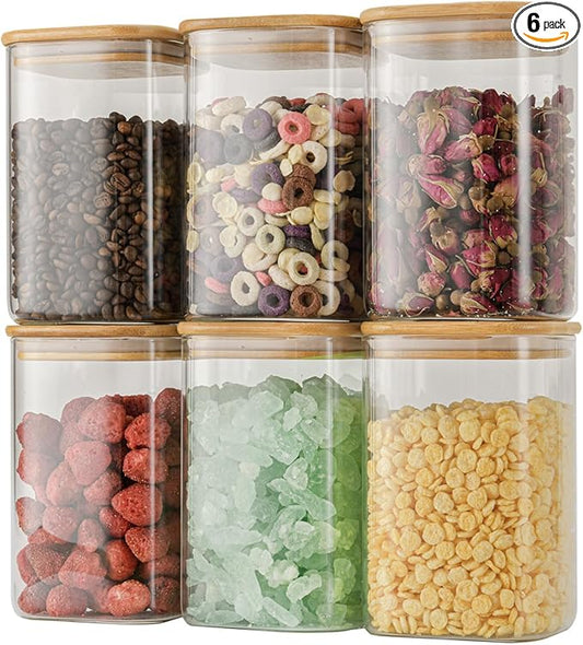 37oz Airtight Glass Square Storage Canisters with Bamboo Lid Set of 6 (1100ml) Stackable Containers, Kitchen Jars for Pantry Noodles, Flour and Coffee beans (?럚ith Black Lable)