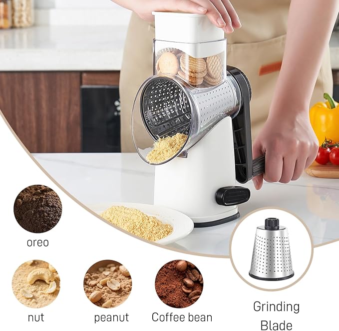 Weltonhm Rotary Cheese Graters with 4 Blades, Hand Crank Cheese Grater with Waffle Slicer, Red, Black and White Cheese Shredder with Suction Base, Easier for Shredding & Grating (White, 4 Graters)