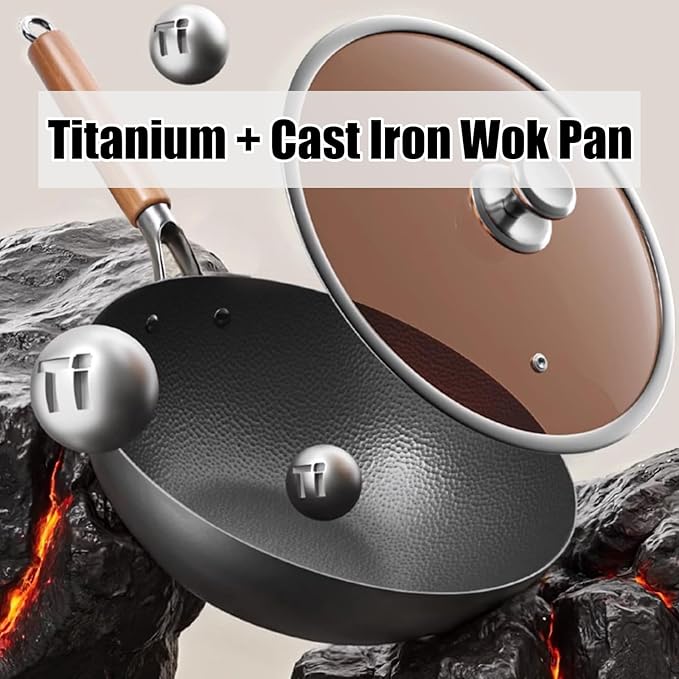 Titanium Hammered Wok with Lid, Pre-Seasoned Cast Iron Nonstick Stir-Fry Pan, Flat Bottom Wok, Scratch-Resistant Non Stick Titanium Pans for Cooking,12.6IN
