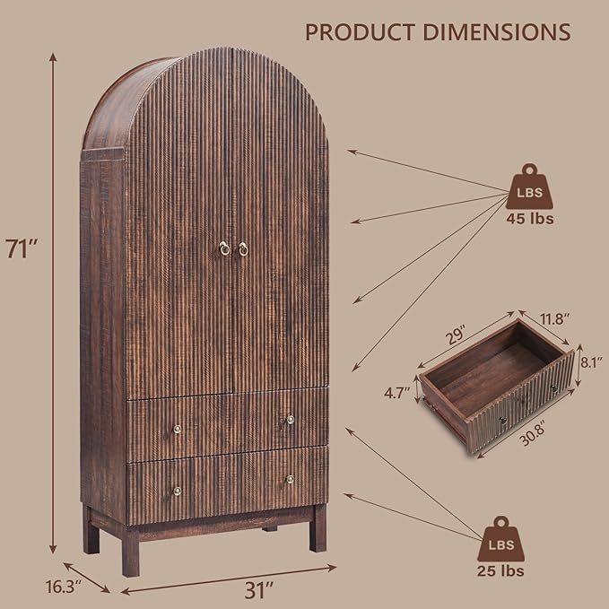 71" Tall Arched Pantry Cabinet, Fluted Kitchen Storage Cabinet with Adjustable Shelves and 2 Large Drawers, Freestanding Morden Versatile Cupboard for Living Room, Bathroom, Brown