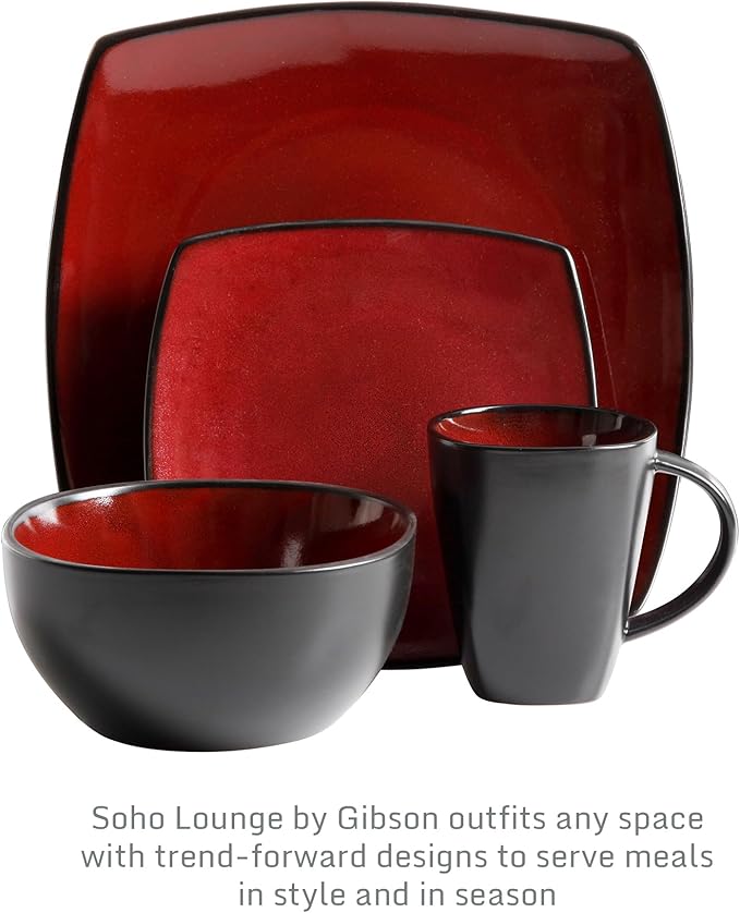 Gibson Elite Soho Lounge Square 16-Piece Dinnerware Set, Service for 4, Reactive Glaze Stoneware Plates and Bowls, Modern Dishes, Microwave & Dishwasher Safe ??Red and Black