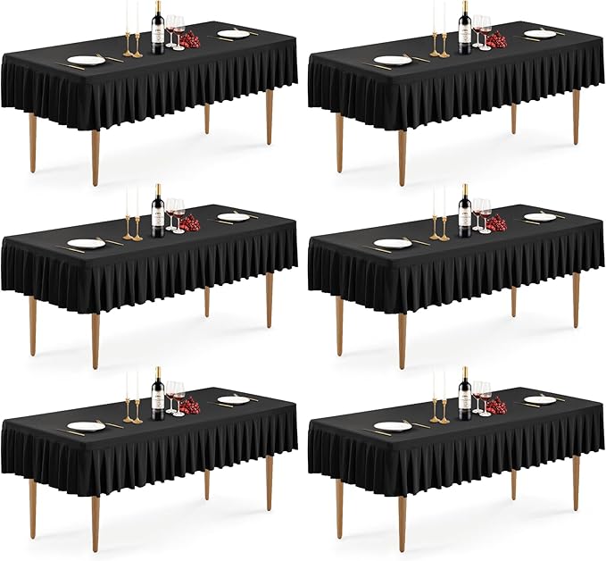 Wish Care 6 Pack Black Spandex Table Clothes for 8 Foot Rectangle Tables Wrinkle Free Fitted Stretch Tablecloths Pleated Ruffle Table Cover Desk Skirt for Party Banquet Event Dining Outdoor Tablecloth