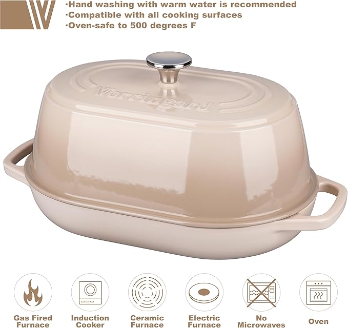Enameled Cast Iron Dutch Oven Pot with Dome Lid, Oval Bread Oven for Homemade Sourdough Bread Baking, Oven Safe up to 500째F, 6 Quart, Latte