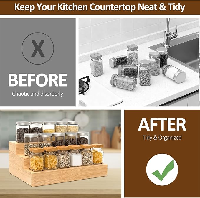 2 Pack Bamboo Spice Rack Organizer, 3 Tier Spice Riser for Cabinet, Wood Spice Stand for Countertop