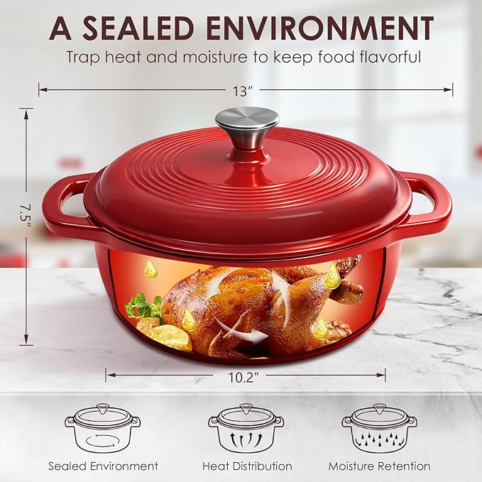 Enameled Cast Iron Dutch Oven Pot With Lid - AIVIKI 5QT Dutch Oven for Bread Baking With Cotton Potholders - Heavy-Duty Cookware for Braising, Stew, Roasting, Oven Safe up to 500째F, Red