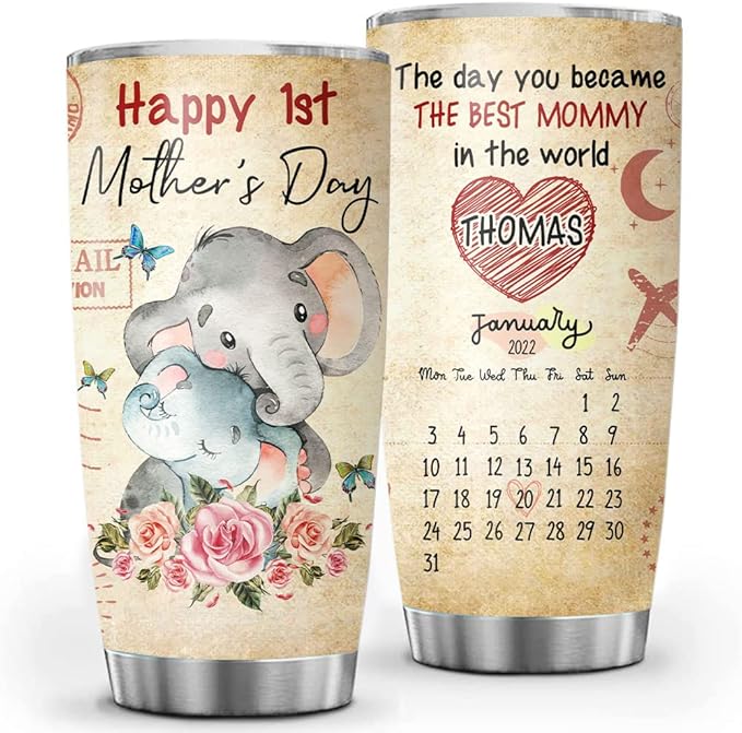 First Mothers Day Gifts For New Mom Daughter From Sister Custom Names, Baby Boy Milestone Birth Date - 1st Mothers Day Coffee Mug - 20oz Double Wall Vacuum Insulated Tumbler With Lid for Woman