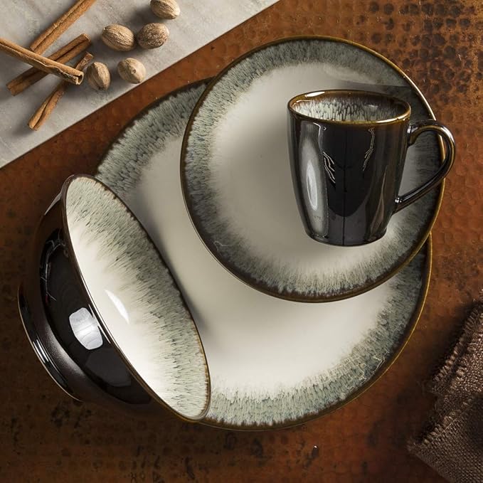 Sango 16-Piece Stoneware Dinnerware Set for 4, Glossy White & Green Mugs, Plates and Bowls Sets- Reactive Glaze, Ceramic Dish Set, Dishes for Everyday Use, Microwave & Dishwasher Safe, Novelle Moss