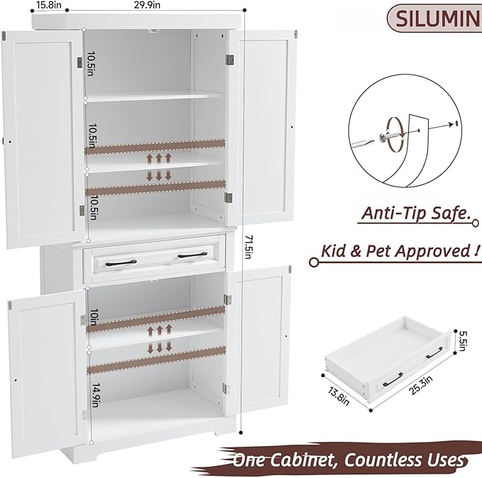 72" Tall Kitchen Pantry Cabinet, White Wooden Storage Cabinet with Drawer, Adjustable Shelves & Anti-Tip Device, Freestanding Bathroom Storage Cabinet, Pantry Cabinets for Kitchen Storage