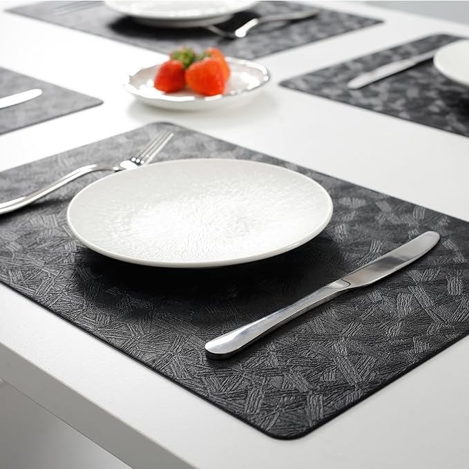 Bxzandya Vinyl Placemats Set of 12 Heat Resistant Easy Clean Non-Slip Place Mats for Dining Table Faux Leather Waterproof Stain Resistant Wipeable Washable PVC Table Mats(12, Black)