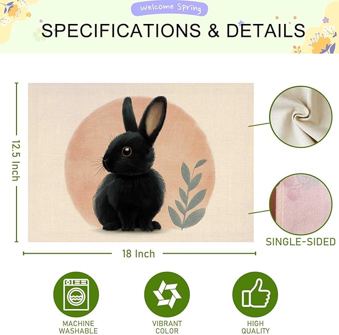 Jauageon Black Bunny Rabbit Placemat Set of 4 Spring Summer Placemats Seasonal Eucalyptus Table Mats for Indoor Outdoor Home Kitchen Dining Decor Party Farmhouse Burlap Table Mats 12x18 Inch