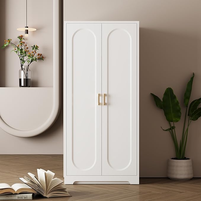 60" Kitchen Pantry Cabinet, Metal Storage Cabinet with Doors and Adjustable Shelves, Tall Steel Cabinets for Kitchen, Living Room, Dining Room, Assembly Required, White