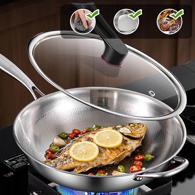 Titanium Hammered Wok with Lid, Upgrade Double Handle Non Stick Titanium Pans for Cooking, Ultra-Durable, Scratch-Resistant, Even Heating Frying Pans, Compatible with All Cooktops,with lid,14