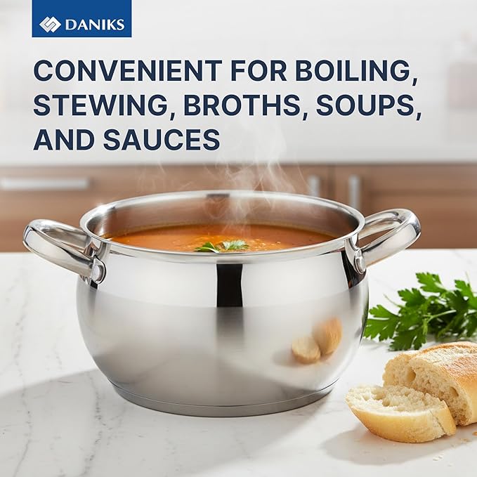 Daniks Classic 3 Quart Stainless Steel Stock Pot with Glass Lid, Tri-Ply Bottom for Even Heating, Induction Compatible, Dishwasher Safe