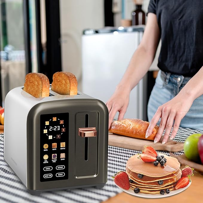 SEEDEEM Toaster 2 Slice, Full Touch Control Stainless Toaster, LCD Display, 50% Faster Heating Speed, 6 Bread Type, 7 Shade Setting, 1.5''Wide Slots, Removable Crumb Tray, 1350W, Dark Metallic
