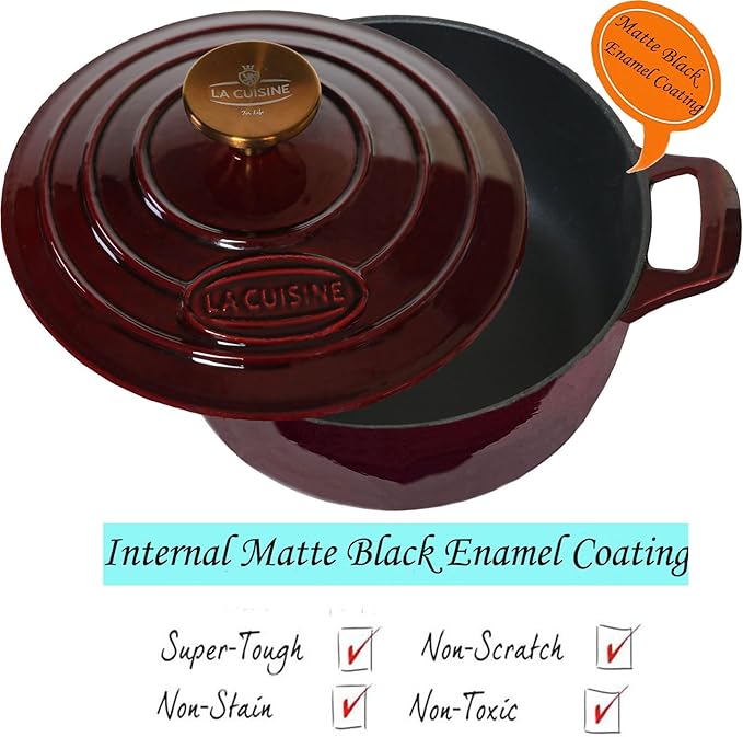 La Cuisine Enameled Cast Iron Dutch Oven Casserole Pot with Lid 6.5 QT 11" /28cm Dia. Internal Matte Black Enamel Coating Gold-Plated SS Lid Handle Oven Safe up to 500째 F for bread baking, Cranberry