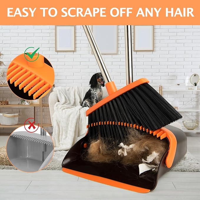 Broom and Dustpan Set,Dustpans with Broom Combo for Home,Heavy Dust Broom and Dustpan Combo,Long Handle Dust Pan and Broom Set for Kitchen Office,Pet Hair(Brown Orange)