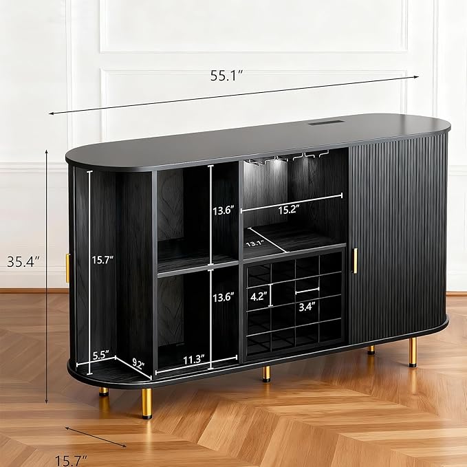 DHH 55" Wine Bar Cabinet with Storage, Fluted Liquor & Coffee Bar Cabinet with Wine Rack and Glass Holder, Buffet Sideboard with LED Lights for Home Kitchen Living Dining Room (Black)